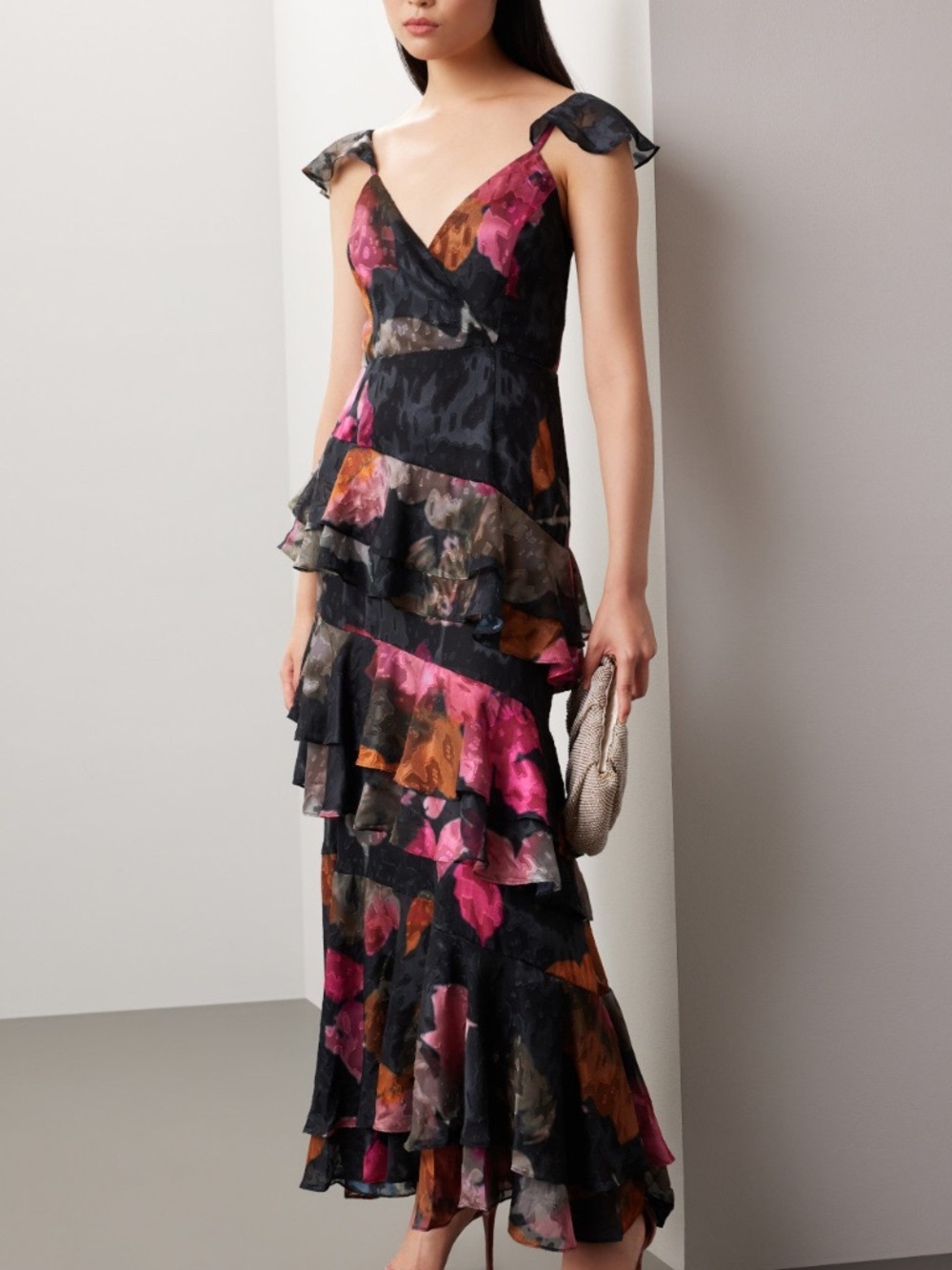 HUTCH Miah Black Floral Georgette Tiered Ruffle Maxi Dress Gown - Size 8
